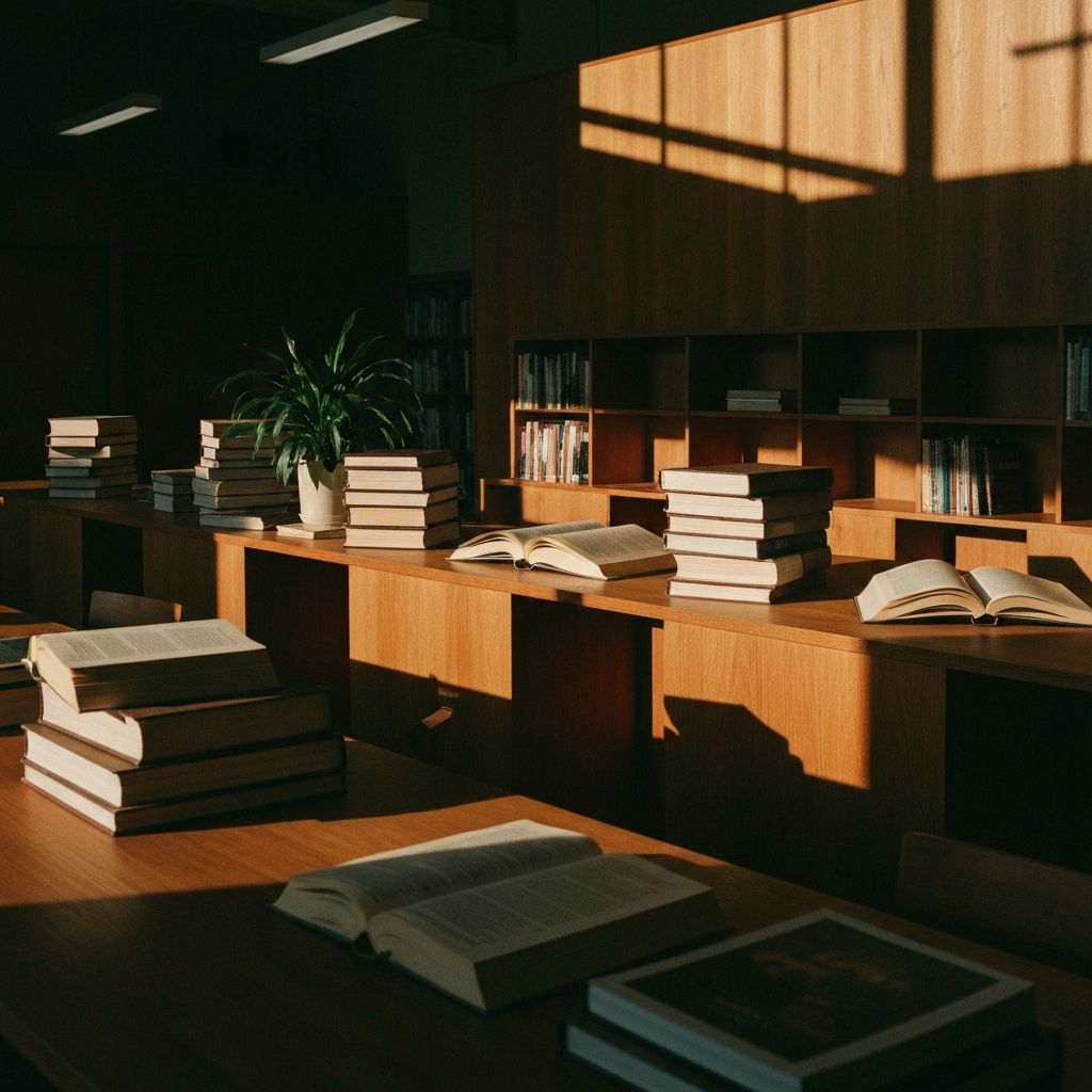 Serene reading room with research books and natural window light