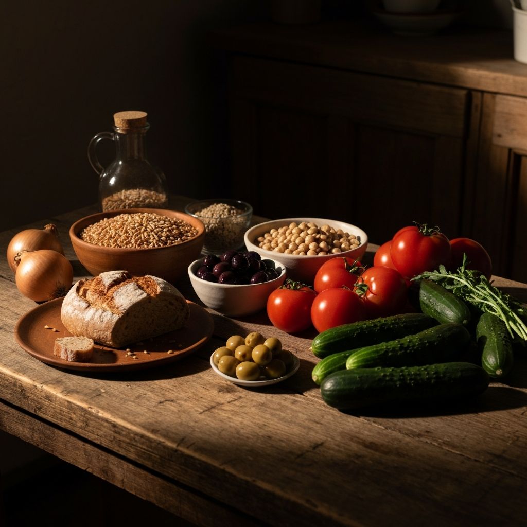 Mediterranean food spread with olives, bread, grains and vegetables