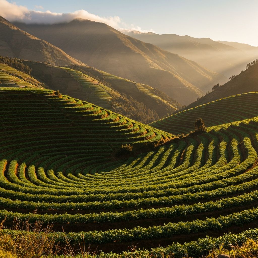 Terraced agricultural fields in the Andes mountains at golden hour
